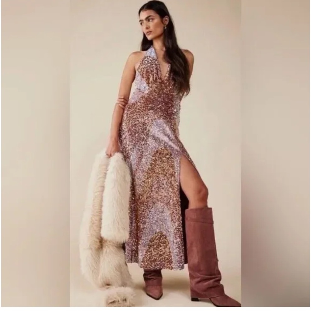 Free People Sequin Maxi Dress in Gold and Cream
